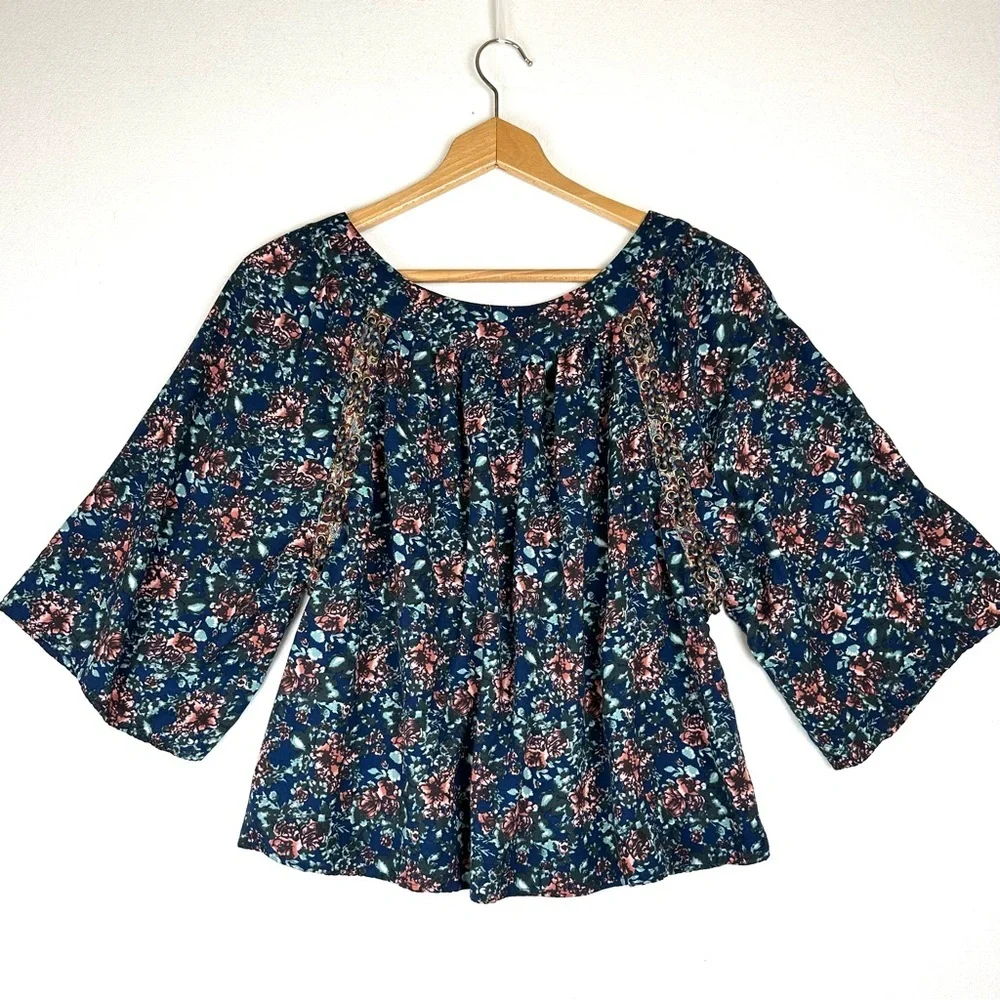Gimmicks Floral Oversized 3/4‎ Sleeve Peasant Shirt Boho Cottagecore